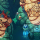 Pixel art sprites swim through water surrounded by giant sea shells.